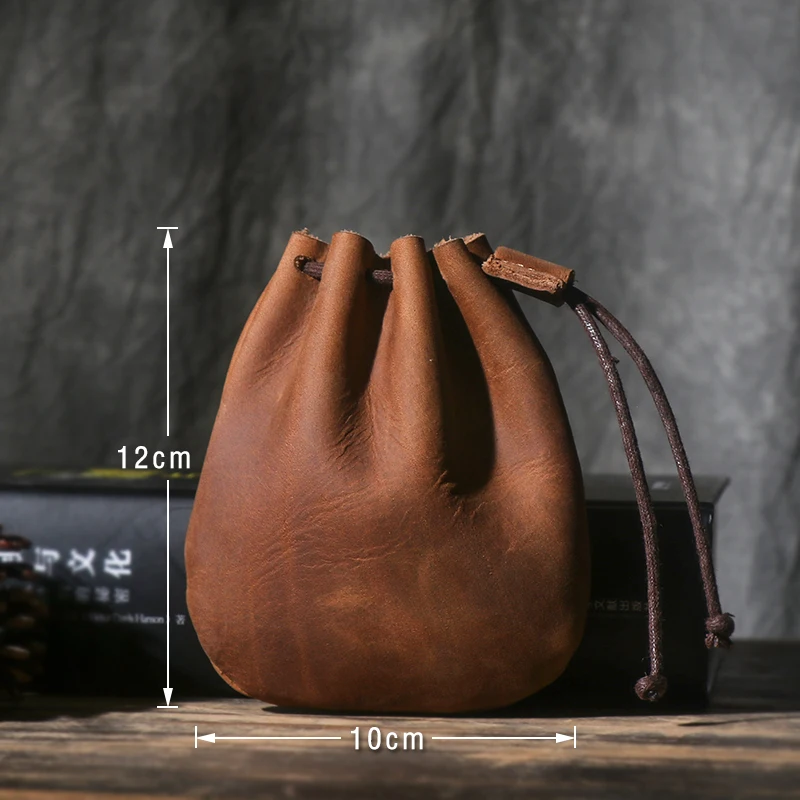 Genuine Leather Coin Purse Men Women Vintage Cowhide Casual Small Coin Wallet Hard Leather Money Pocket Drawstring Storage Bag