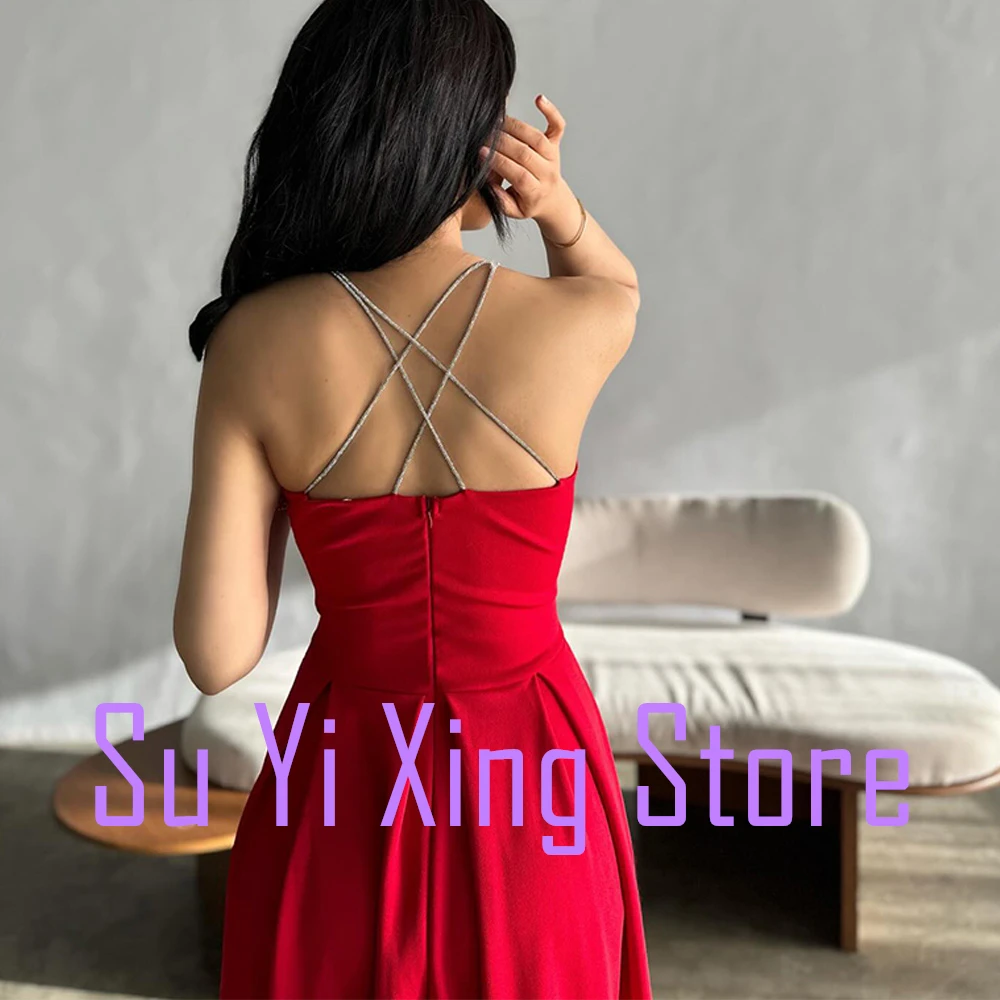 Zipper Back A-Line Square Neck Spaghetti Straps Exquisite and Fashion Evening Dresses Custom Size Tea Length Satin Sleeveless