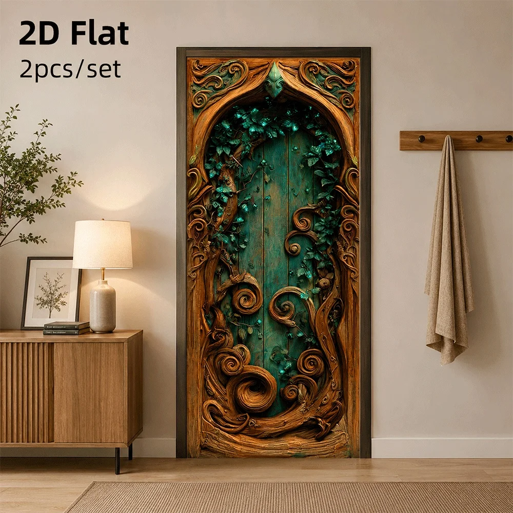 1 piece of fantasy magic tree door sticker with retro wooden texture and glowing vine decoration fairy tale style sticker 2D fla