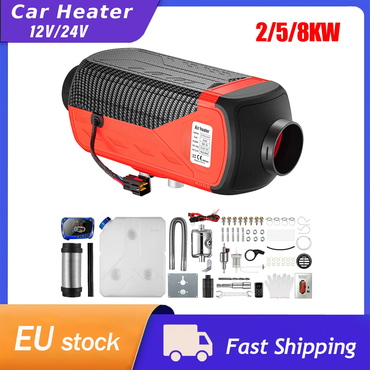 2/5/8KW Diesel Air Heater 12V/24V 10L Tank w LCD Remote Control Thermostat Caravan Diesel Car Heater Motorhome RV for Truck Bus