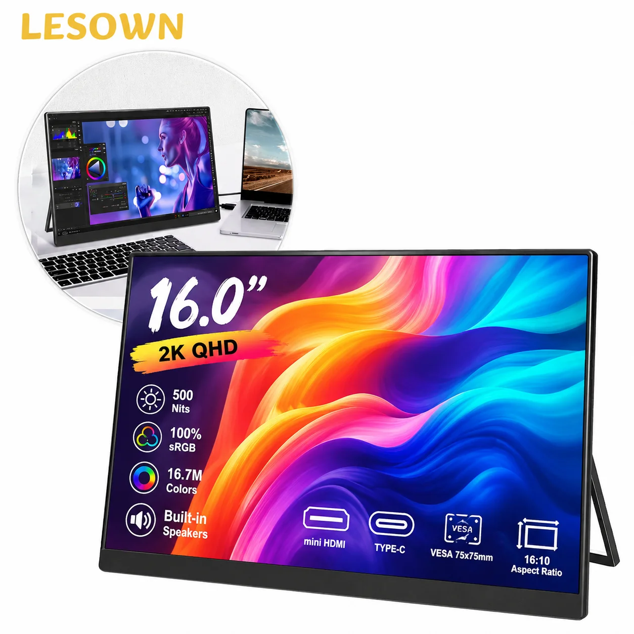 LESOWN 16.0 Inch 1200P Portable Monitor Driver-free Extended Screen with VESA 75 Built-in Kickstand for Laptop