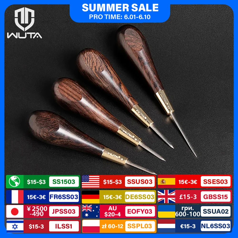 WUTA 2nd Generation Leather Stitching Awl Diamond Shape Ebony Blackwood & Brass Craft Tool Hand Sewing Awl DIY Stitcher Taper
