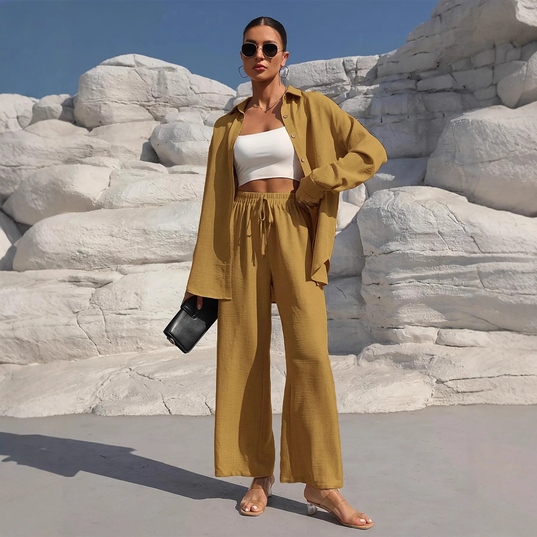 Women Two Piece Pant Sets Shirt Buttons Full Sleeve Lapel Shirts Drawstring Pants Suit Straight Solid Casual Office Lady Autumn