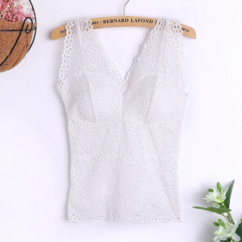 Tank bra V-neck wide shoulder straps versatile sexy lace long bra crochet vest plus size women's inner bra3914# image 3