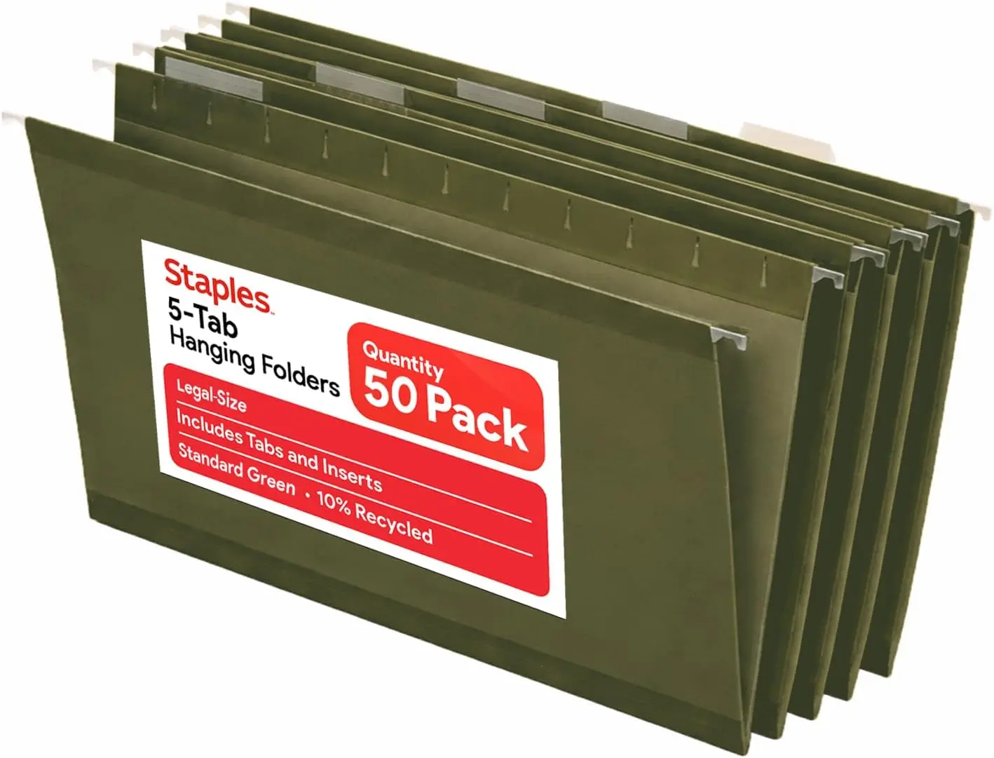 

Hanging File Folders, Legal Size, 1/5‑Cut Tabs, Standard Green, Includes Tabs & Paper Inserts – 50/Pack