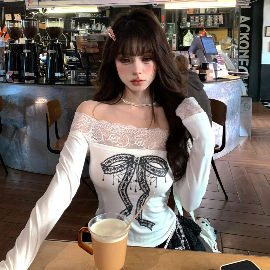 

American Hot Girl Pure Lust Style Lace One Shoulder Sweet Spicy T-Shirt Women'S Autumn Winter Long-Sleeved Design Slim Waist Top