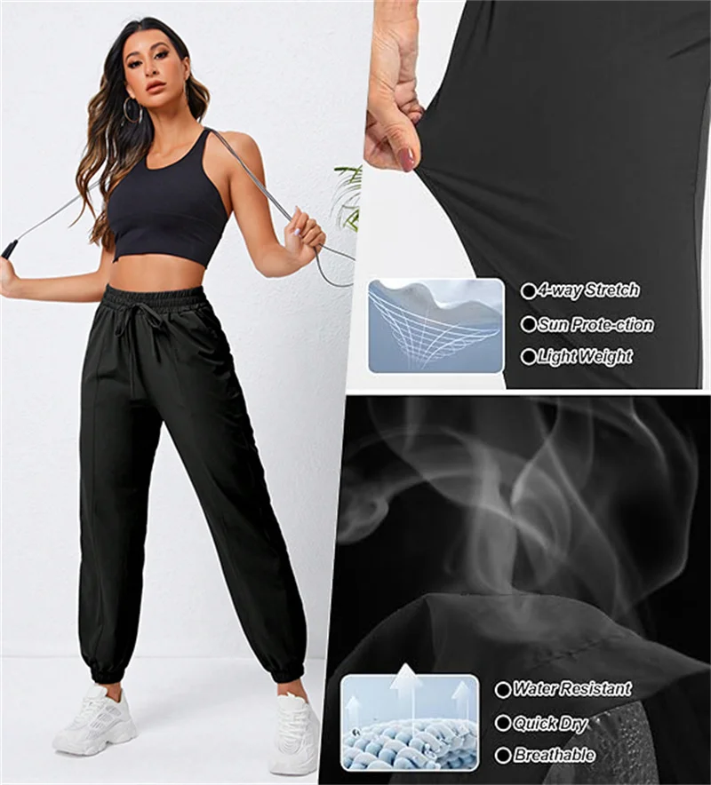 Loose running and fitness pants, women's side pockets, outdoor casual sports pants, ankle tied yoga pants image 2