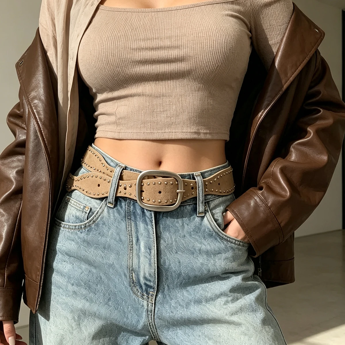 Women's Vintage Rivet Niche Y2K Retro Metal Wavy Belt Matte Suede Leather Belt Tightening Accessory Suitable For Autumn Winter