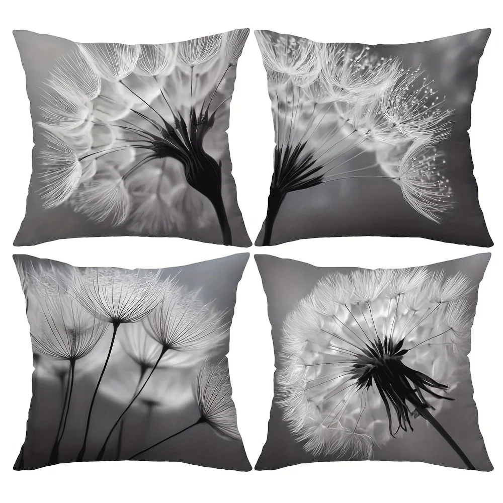 

4 Pack Double Sided Black and White Dandelion Cushion Shells Abstract Floral Decorative Pillowcase for Living Room Sofa