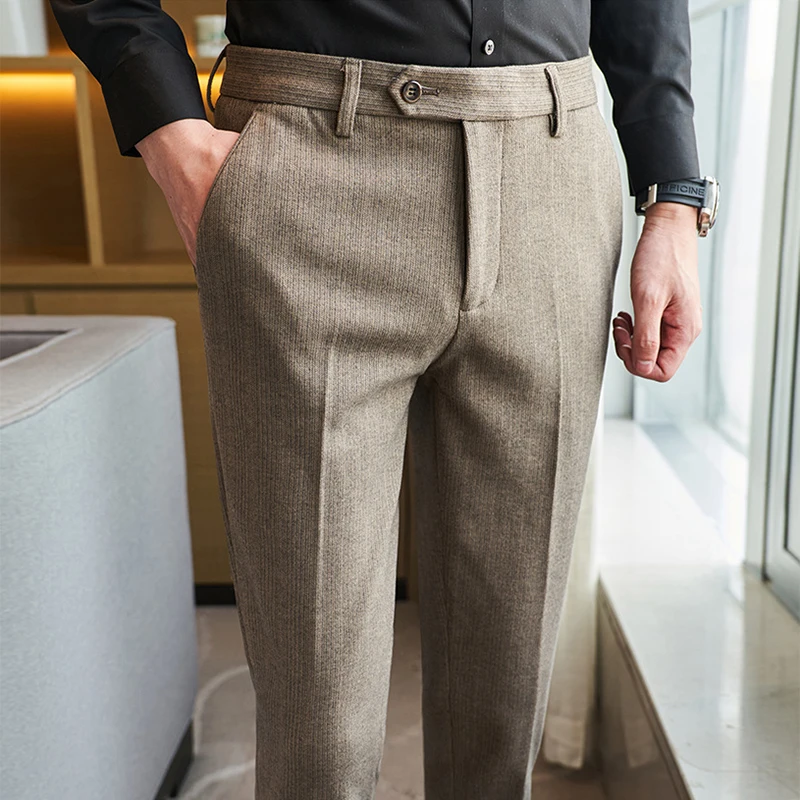 Office Business Casual Mens Trousers Autumn Vintage Striped Slim Fit Woolen Pants Men Winter Trendy Draped Straight Pants Naples