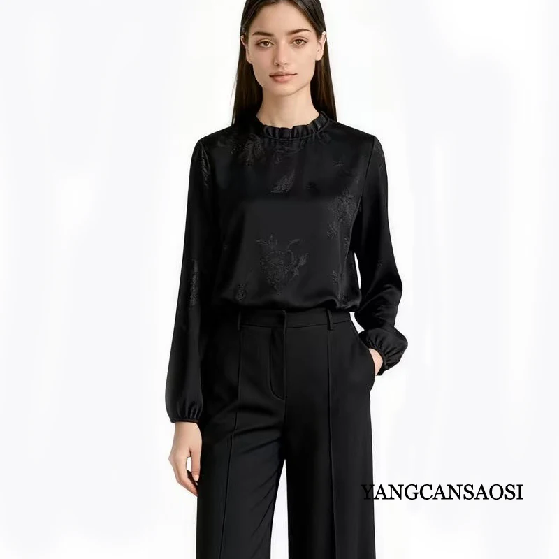 High Cost-effective 19MM Matte 100% Natural Mulberry Silk Jacquard Satin Women's Casual Black Round Neck T-shirt