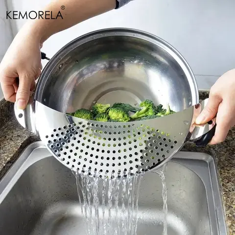 Stainless Steel Strainer Pot Side Pan Drainer Leakproof Vegetable Rice Wash Water Filter Basket Baffle Drainer Tool Home Kitchen
