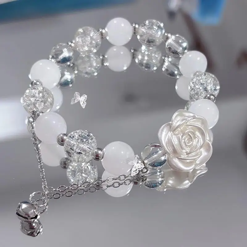 Women's White Flower Bracelet 1/5Pcs with Delicate Bell Charm and Crystal Beads for Events
