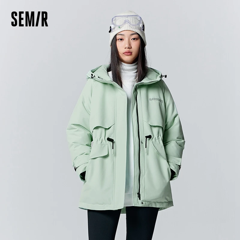 Semir Down Jacket Women Mid-Length Waist-Adjusting Three-Defense Winter Embroidery Loose Hooded Coat