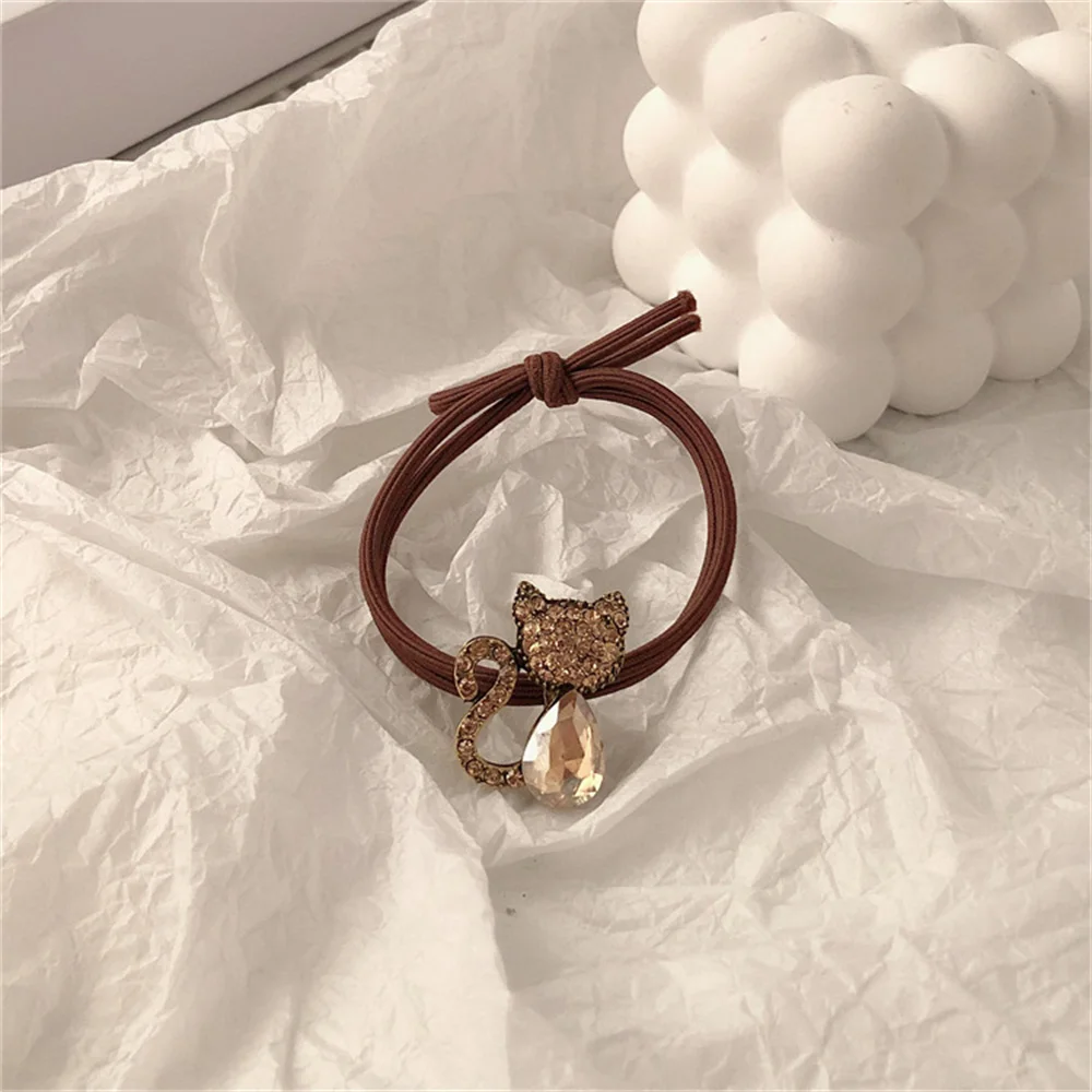 Fashion Rhinestone Crystal Cat Hair Rope Cute Metal Animal Hairbands Women Girls Elastic Ponytail Bun Headwear Jewelry Hair Ring