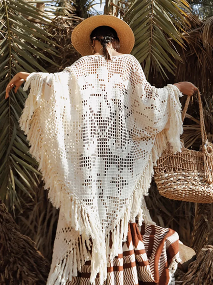 

Spring Summer Long Capes For Women Bohemian Vacation Style Crochet Hollow Out Tassel Triangle Knitted Cotton Shawl Outerwear