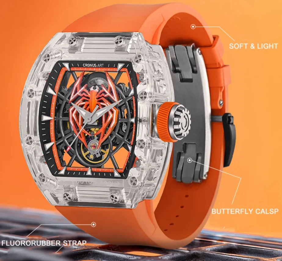 

CRONUSART Мужские автоматические часы Tonneau Механические наручные часы Акриловый корпус Фторкаучуковый ремешок Светящийся скелетонизированный циферблат