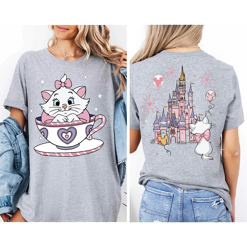 2025 ฤดูร้อนใหม่ Aristocats การ์ตูนอะนิเมะพิมพ์เสื้อยืดผู้หญิงแฟชั่น Casual เสื้อยืด Mary Cat Crazy Teacup Party เสื้อ