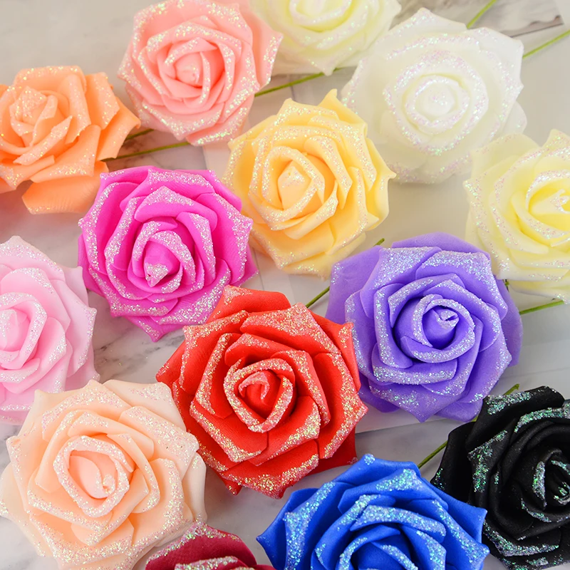 10/20Pcs Glitter Foam Rose Artificial Flowers For Wedding Party Decoration Bridal Bouquet Home Decor Garden Fake Flower