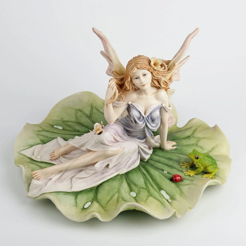 Resin Fairy Figurine Lying on Lotus Leaf with Frog and Ladybug Hand Painted Elf Sculpture Home Tabletop Decorative Ornament Gift