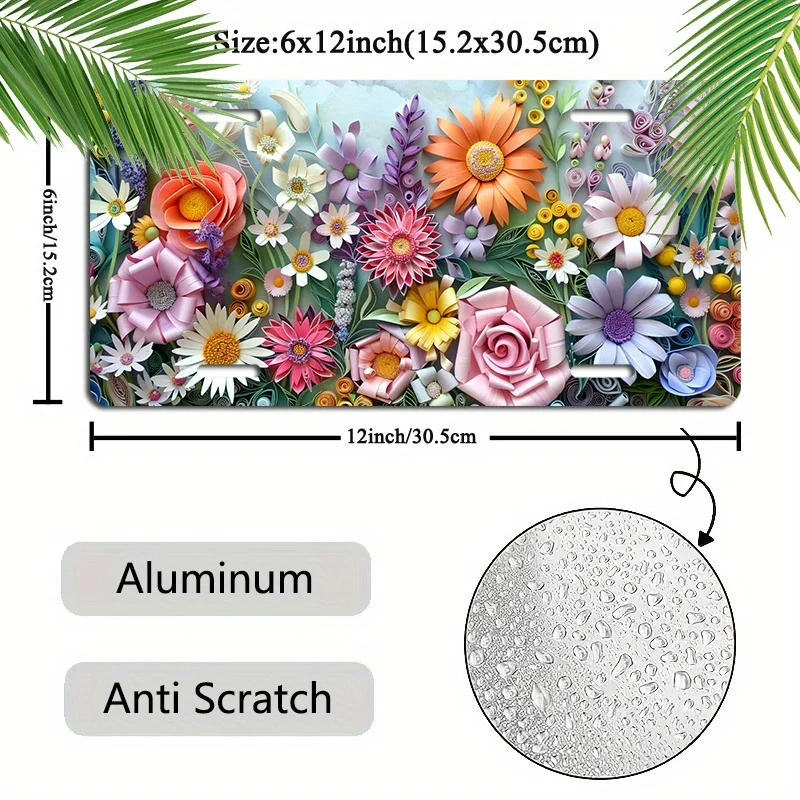 Waterproof Flower License Plate - UV Ink Printed, Anti-Fade, Anti-Scratch, Decorative Flower Car Front License Plate Accessories