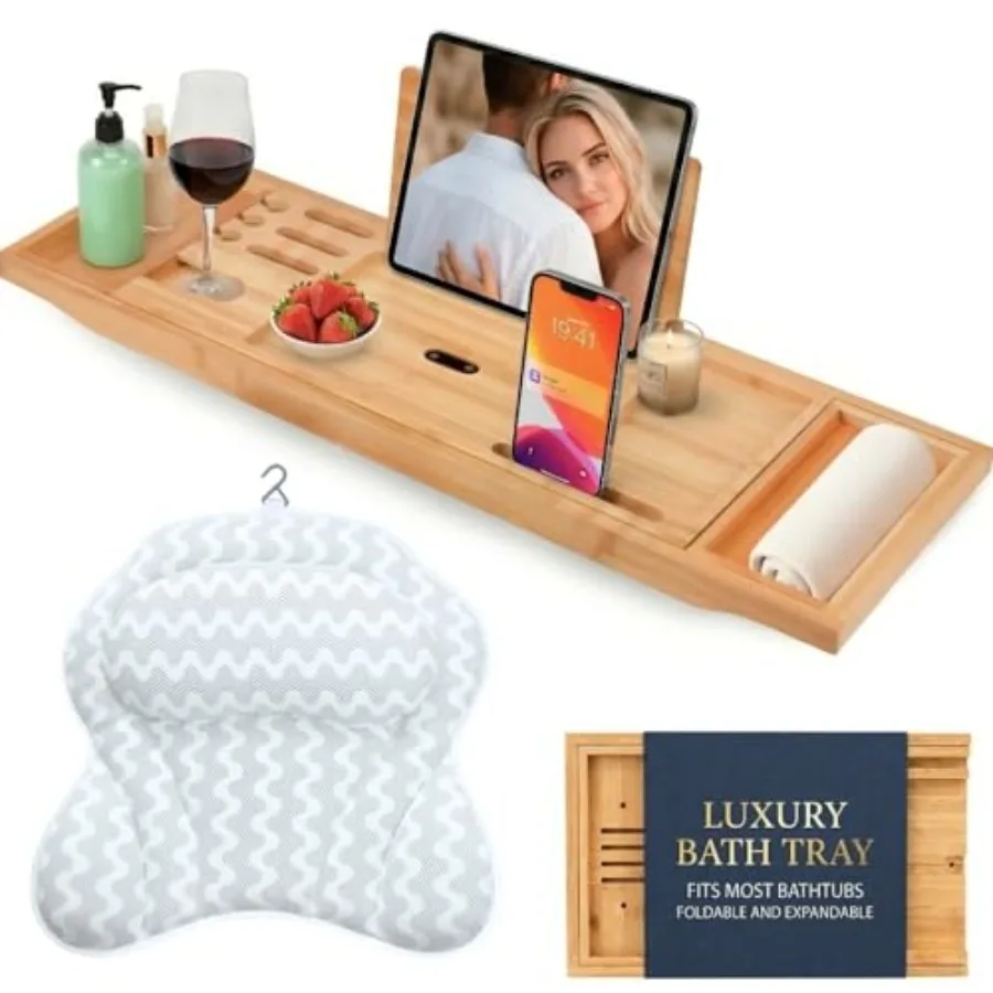 

Bath Tray for Tub and Ergonomic Pillow Premium - Caddy Expandable 29 to 42.5 Inch -Foldable Bamboo Wood Tub Organizer - Luxury