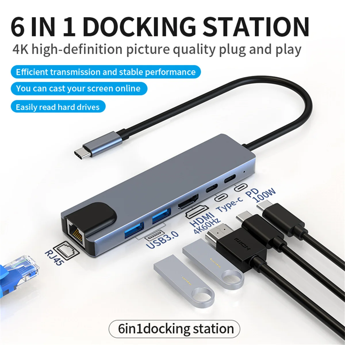 Portable Type-C Hub Multiport Adapter with HDMI2.0,USB2.0,PD,TYPE C,RJ45100M Ports 6 in 1 USB C Docking Station for Mac Dell/HP