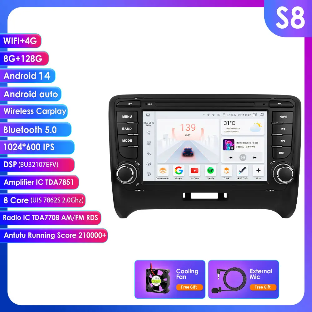 Hizpo 7 inch draadloze CarPlay Android Auto autoradio AUDI TT MK2 2006 - 2014 Multimedia draadloze Apple CarPlay Smart Intelligent Systems IPS touchscreen stereo videospeler 2Din autoradio head unit