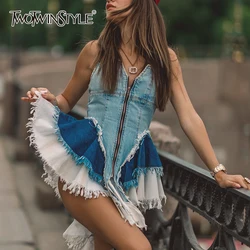 TWOTWINSTYLE Colorblock Designer Denim Vest For Women Strap Sleeveless Patchwork Irregular Tassel Slimming Vests Female Fashion