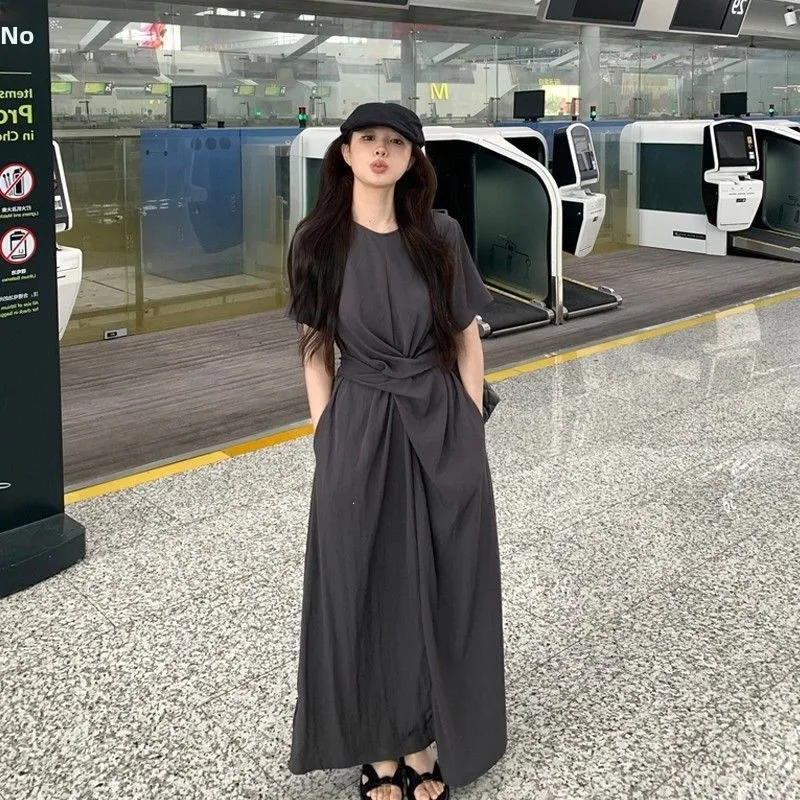 Elegant A-Line Midi Dress with Cross Strap Short Sleeve Design Slimming High Waist Detail Polyester Nylon Blend Summer Women'...