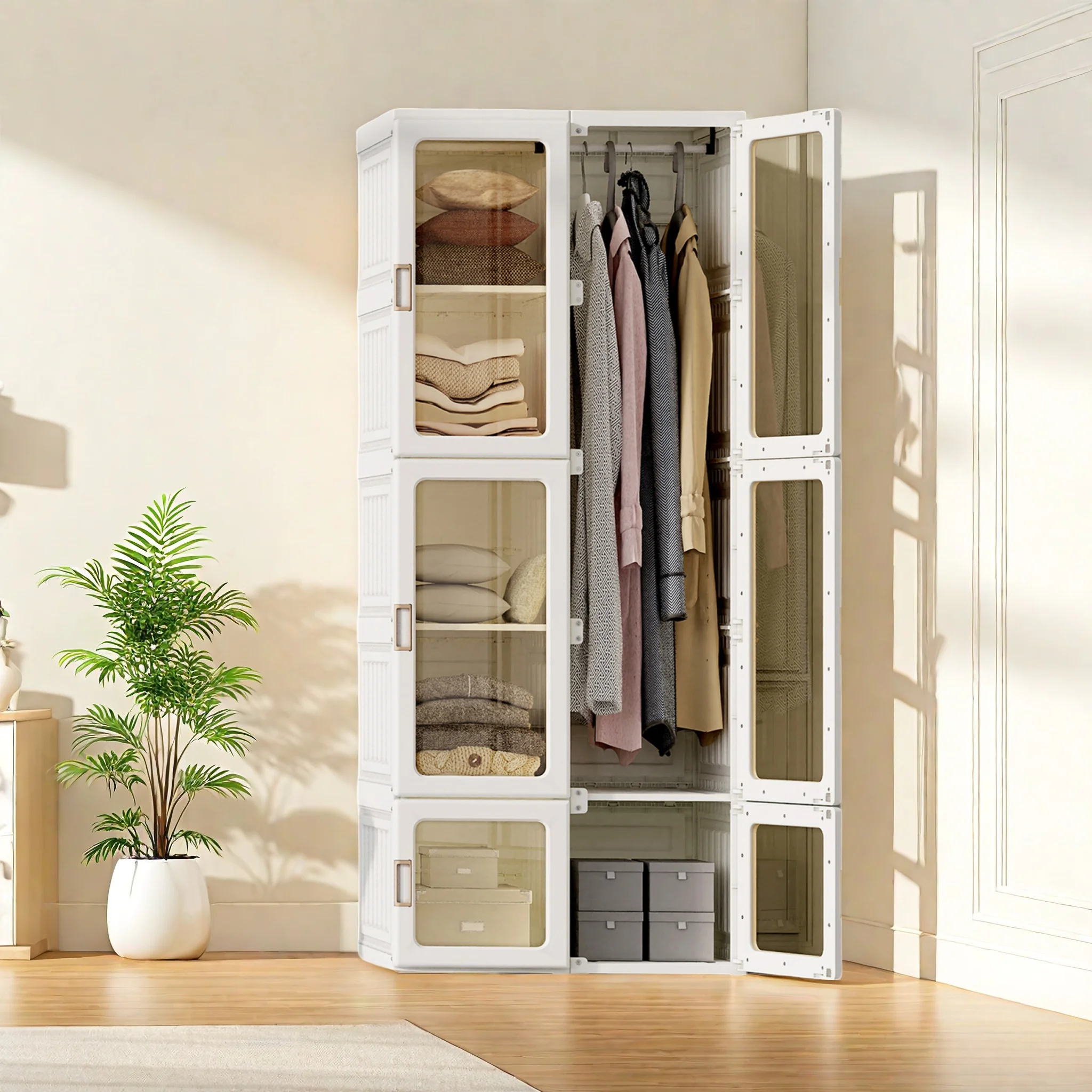 Rosahqnda Tragbarer Kleiderschrank, Kleideraufbewahrungsregal, faltbarer multifunktionaler Aufbewahrungsschrank, Wohnzimmer-/Schlafzimmer-Kleiderschrank, PP, Weiß