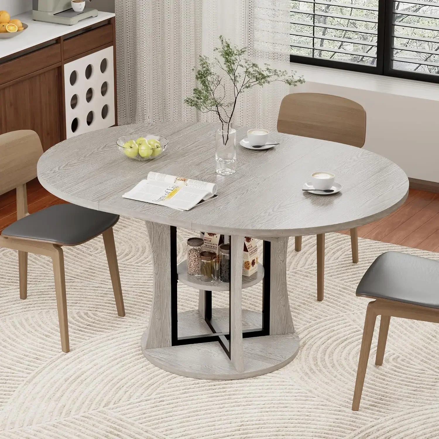 43.3''-59'' Extendable Round Dining Table for 4-8, Expandable Kitchen Table with Storage Shelf, Space Saving Circle Kitchen Tabl