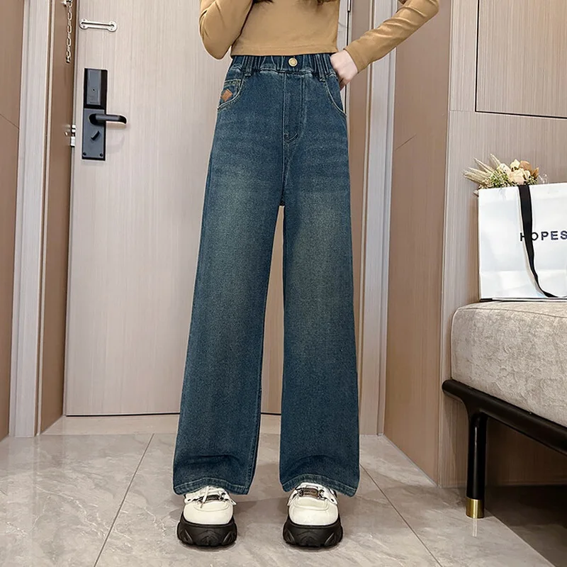 Children Jeans Girls Wide-leg Pants Kids Loose Trousers Baby Straight Denim Pants Spring Autumn 4 To16 Year