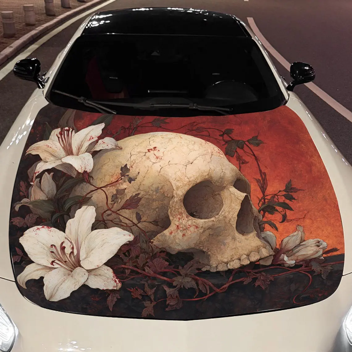 

Skull and Lily Car hood packaging sticker, PVC material, self adhesive waterproof, anti slip paint, car exterior decoration acce