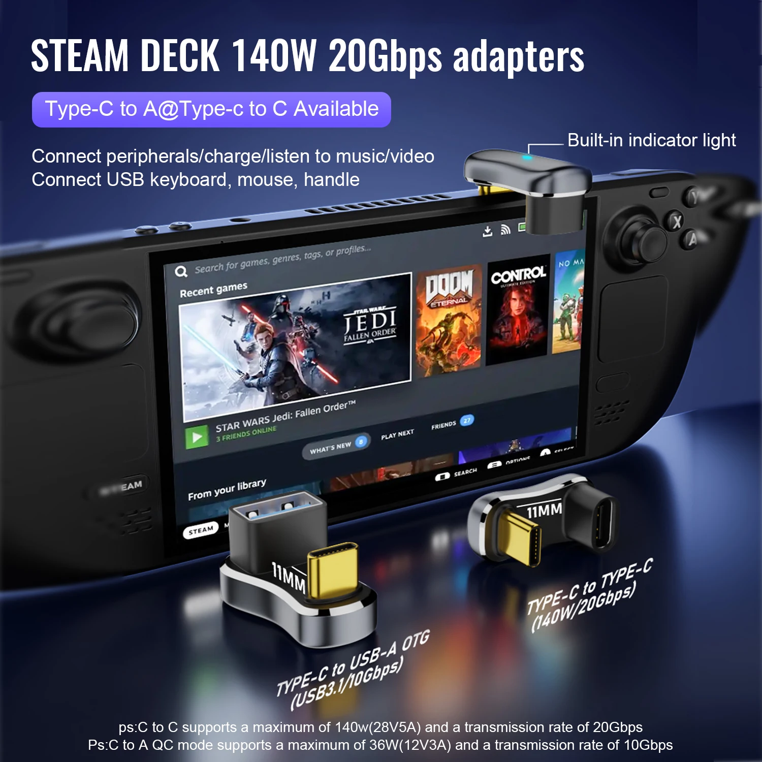 180 Degree U-shaped 140W Type C to Type C 20Gbps Type C to USB-A OTG 10Gbps 4K Tablet USB-C Charging Converter for STEAM DECK