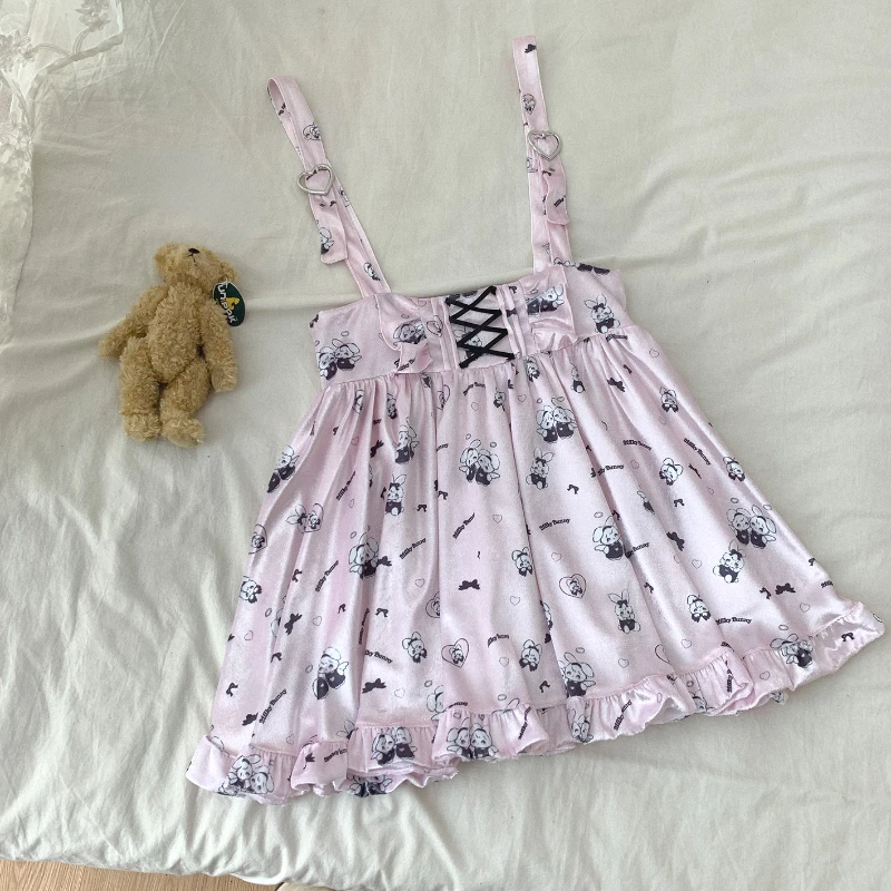 

Pink Lolita Style Princess Skirt Women Gothic Cartoon Rabbit Print Strap Skirts Harajuku Punk High Waist Short Love Mini Skirt