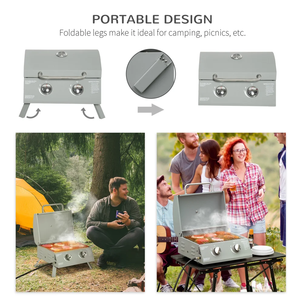 Outsunny 2 Burner เตาย่างแก๊สโพรเพนบาร์บีคิวแบบพกพากลางแจ้งพร้อมขาพับได้ฝาปิดเครื่องวัดอุณหภูมิสําหรับ Camping Picnic Backyard สีเทา