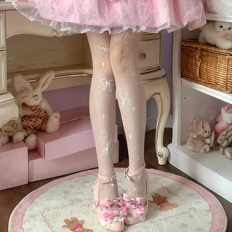Weiße transparente Strumpfhosen Süße Lolita Tattoo Strümpfe Rose Blumen/Schmetterlinge/Federn Anime Y2K Mädchen Sexy Stretch Strumpfhosen