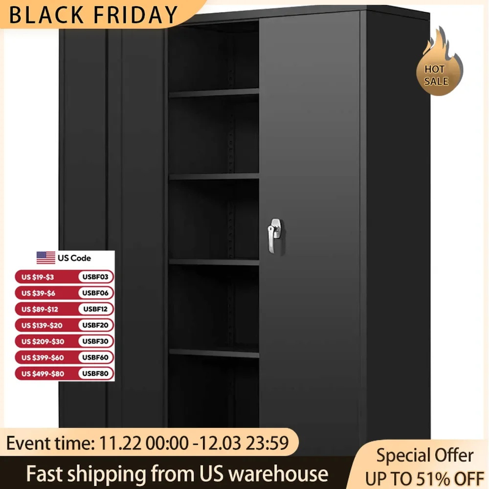 

Storage Cabinet 72" Locking, 4 Adjustable Shelves, 2 Doors Metal, Anti-toppling Design, Easy To Keep Clean Office Cabine