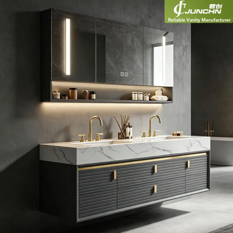 Marble Vanity Black Fluted Bathroom Vanities With Sink With Gold Trim For Hotel, Villa & Large Flat Projects