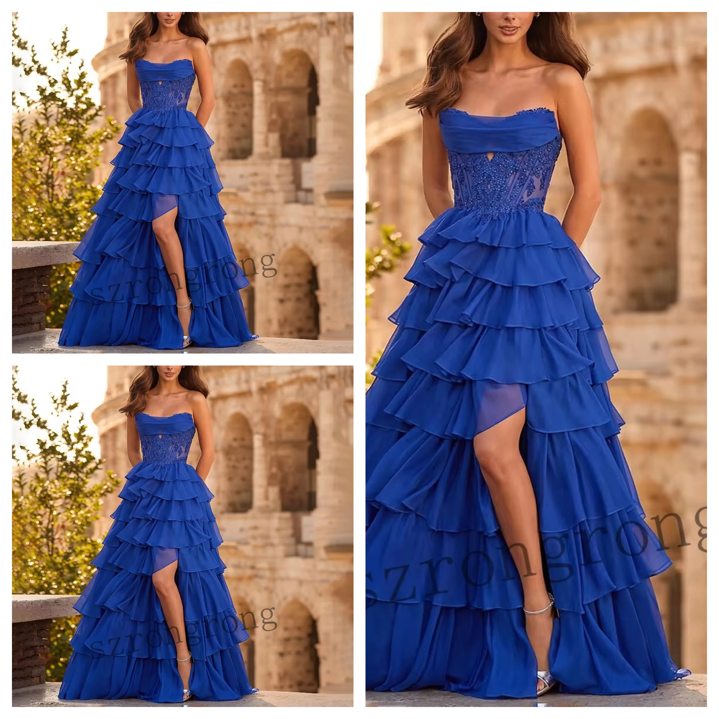 

Customized Sweetheart Collar Tiered Pleated Formal Evening Party Dresses Backless A-line Lace Prom Cocktail Dress with Bow
