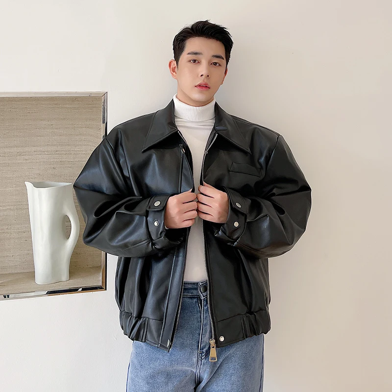 

ort Men's Biker Jaet PU Leather Coat Spring Autumn Street Sle Casual Loose Fit Trendy Cool Zipper Closure Youth Faion