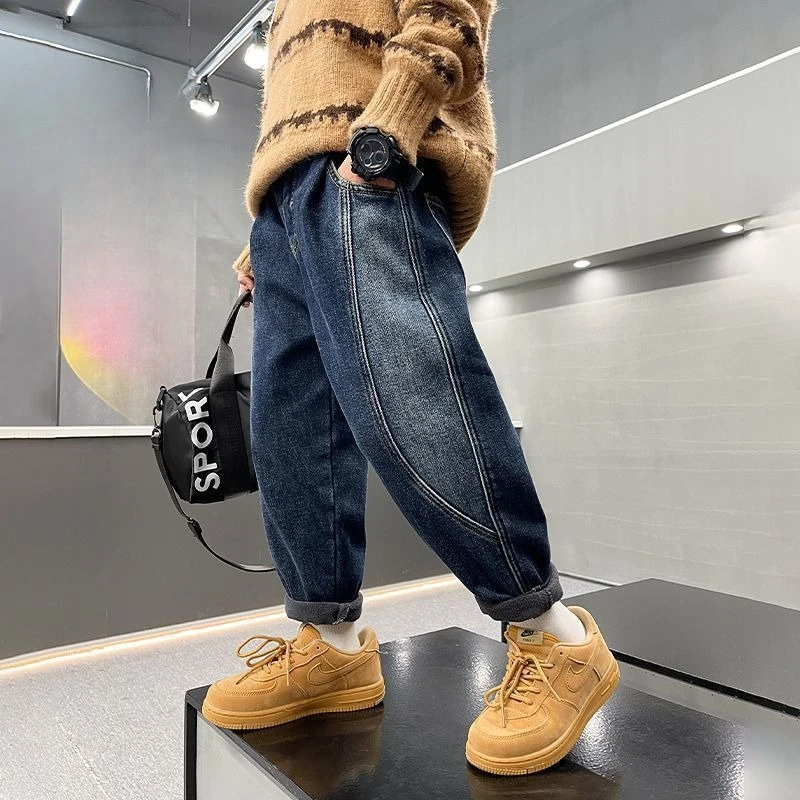 2025 New Boys' Fleece-Lined Jeans - Autumn Winter Thickened Integral Fleece Toddler Boys' Winter Pants
