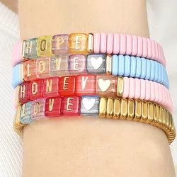 New Customized Bracelets For Couple Colorful Beads Letter Charms Elastic Bangle Personized Letter Jewelry For Women
