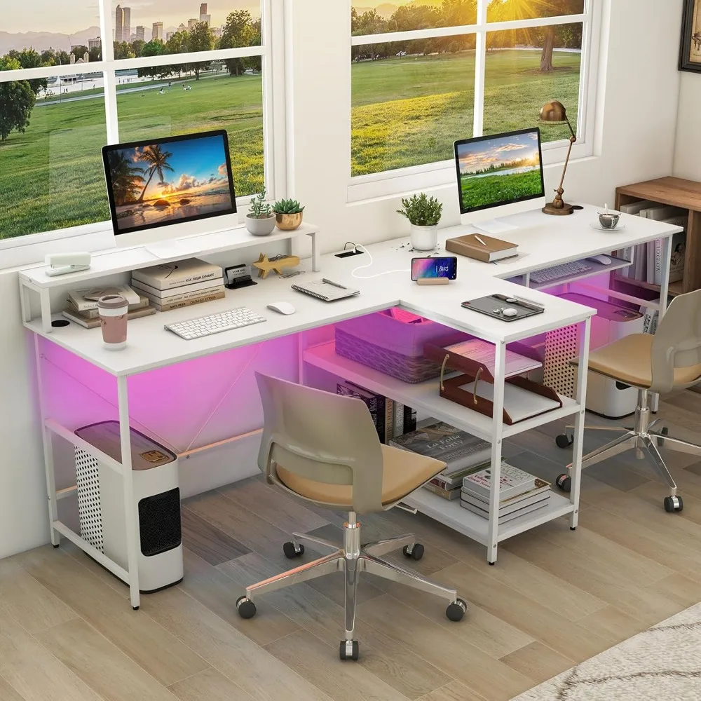 2-Person Reversible Computer Desk with LED Lights, 94.5” Long Office Desk with Power Outlets, Monitor Stand, Keyboard Tray & 2