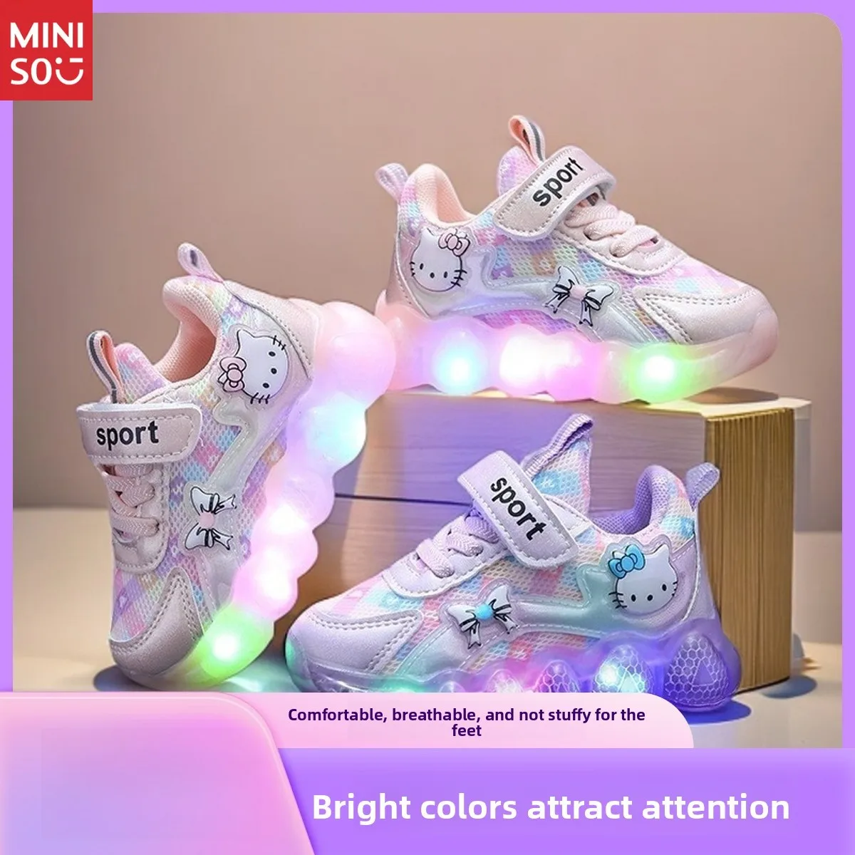 

Miniso Girls Light Up Sneakers with Hello Kitty, Soft Sole Mesh Toddler Shoes