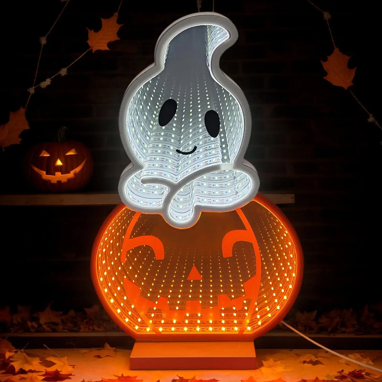 

Halloween Ghost Pumpkin 3D Infinity Tunnel Mirror Neon Sign USB Powered Light Decor for Halloween Party Office Bedroom