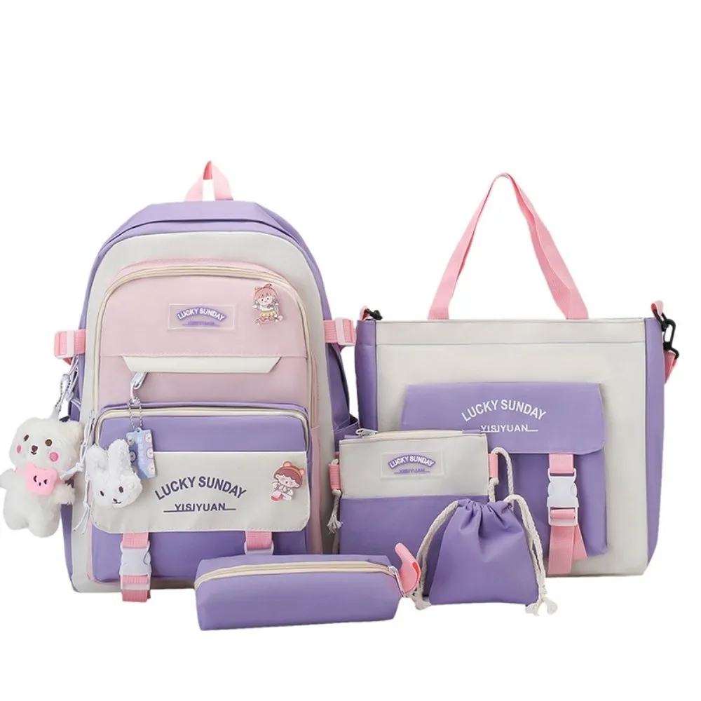 Conjunto de mochila bonita de gran capacidad, bolso cruzado con hebilla transpirable, bolsa de lápices multifuncional para escuela, 5 uds.