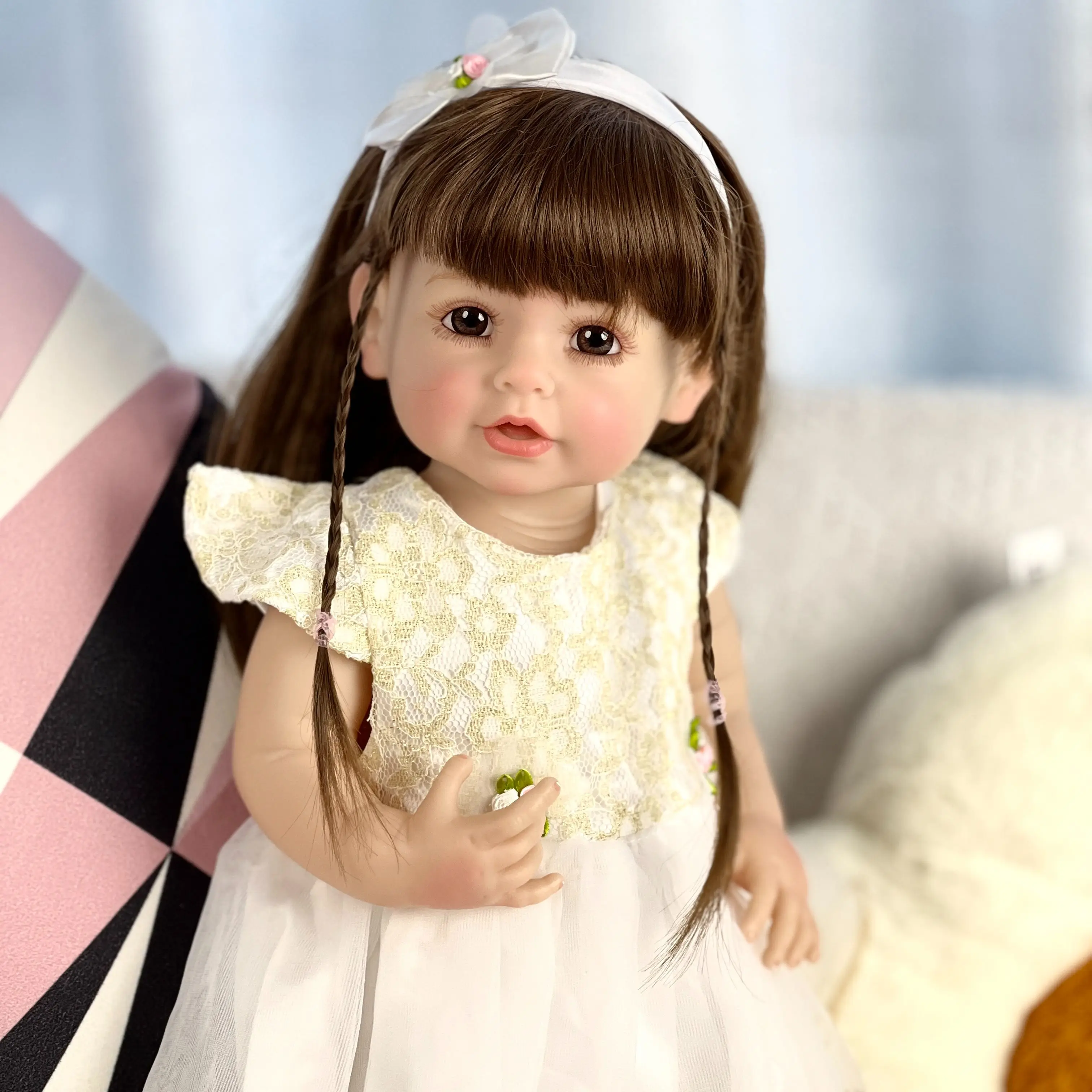 

Lovely Toddler 22 Inch Reborn Bebe Full Body Silicone Vinyl Handmade Long Hair Realistic Standing Baby Toy Doll real