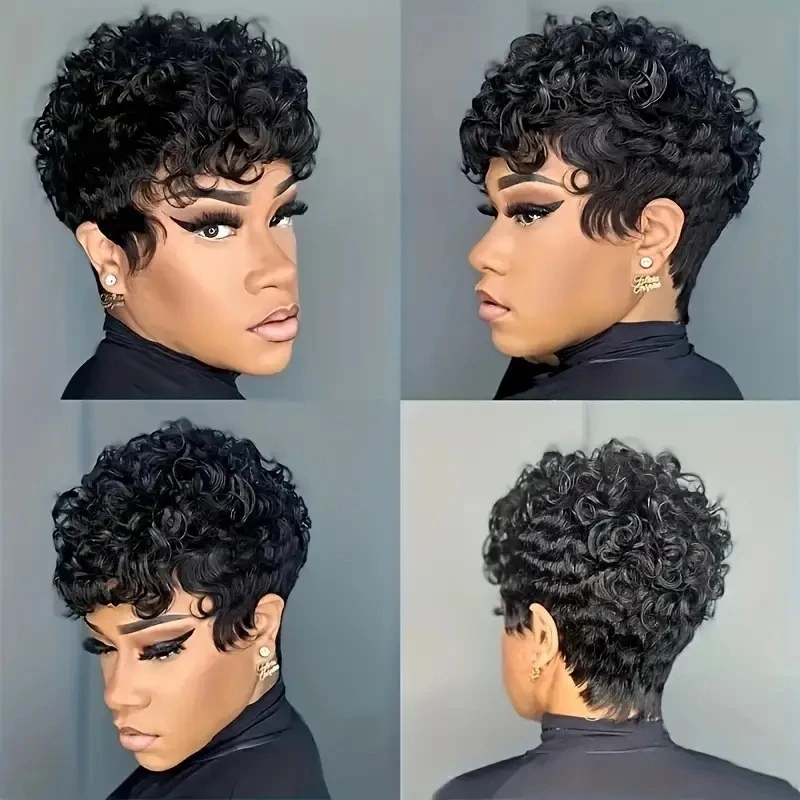 

African for women, short black curly hair wig, machine-made synthetic fiber hairpiece